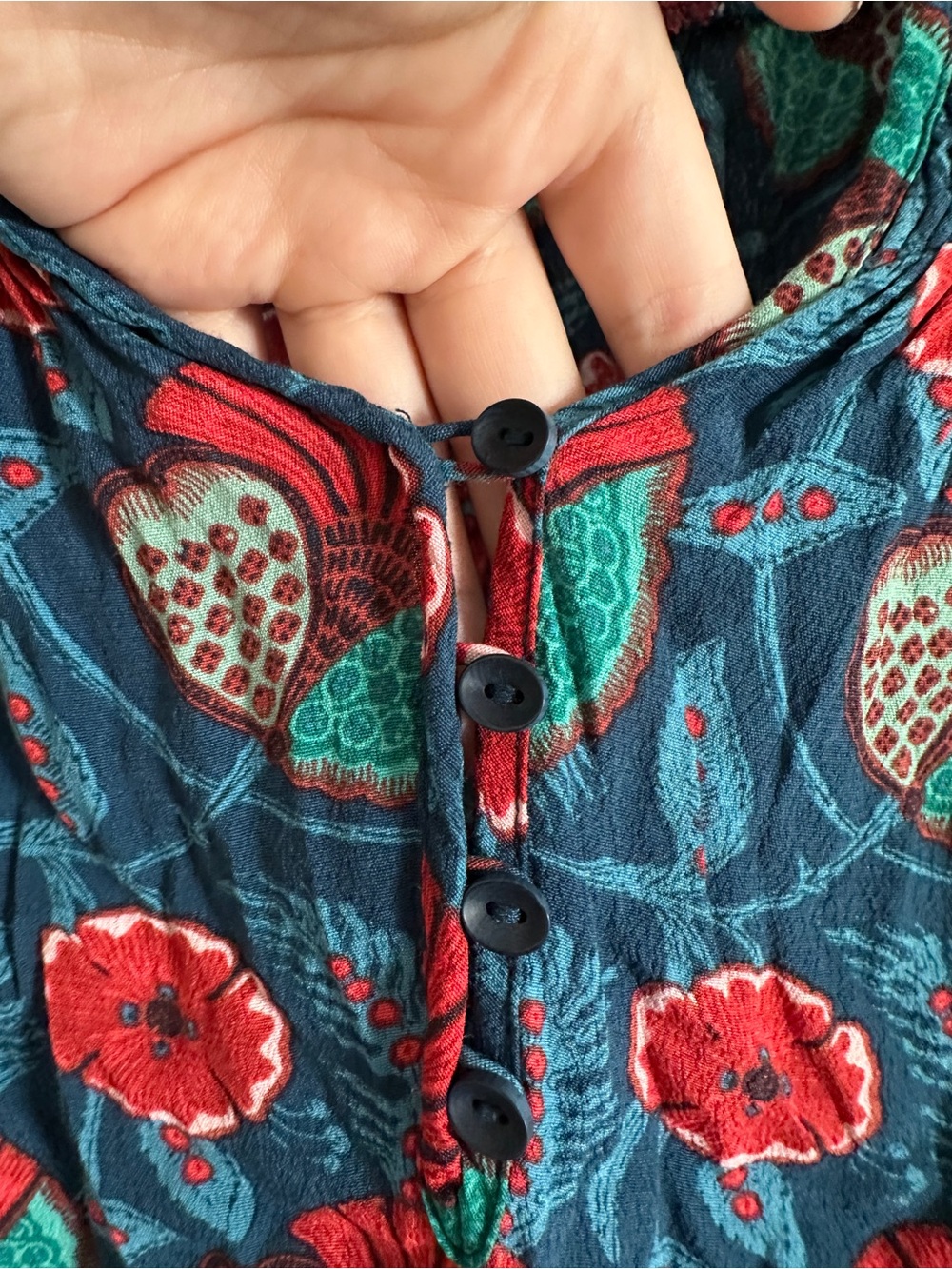 Maeve Teal Floral Ruffle V-Neck Blouse with Red Accents - Picture 6 of 8